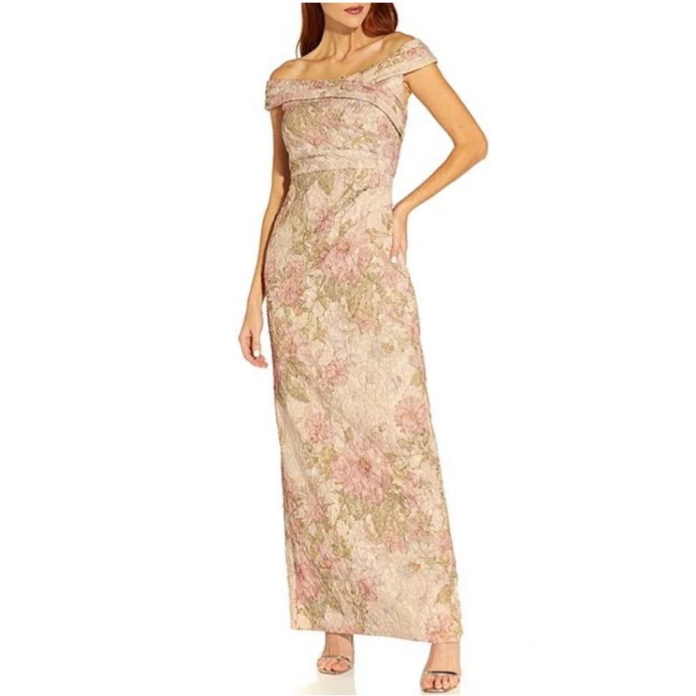 Adrianna Papell Off-the-Shoulder Matelasse Back
Slit Gown NWT